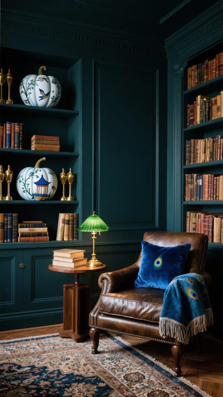 Moody, medium shot of a library lounge corner: dark teal or inky charcoal walls with built-in bookcases, leather club chair, vintage Persian rug. On a side table and shelves, hand-painted chinoiserie pumpkins in navy and white with delicate vines, birds, and pagoda motifs; styled with brass bookends, stacked hardcovers, and a green glass banker’s lamp casting warm focused light. Add a peacock blue velvet pillow and a fringed throw. Materials: leather, velvet, brass, dark wood; old-world library meets art studio chic; photorealistic, no people.