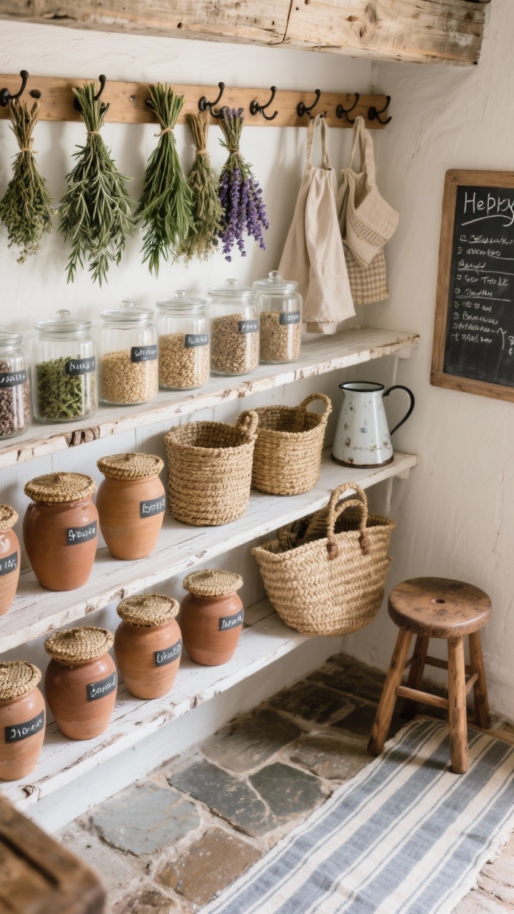 Overhead/angled detail — Herb-dry pantry nook with cottage core details: whitewashed pine rough shelves neatly lined with clear glass canisters of grains and tea, each with handwritten labels; clay crocks and lidded seagrass baskets grouped by size; above, a wooden drying rack with bundles of rosemary, sage, and lavender hanging; iron hooks and pegs holding aprons and dried herb bundles; a narrow striped runner softening a stone floor; chalkboard list with notes, enamel pitchers, woven market tote leaning against a lower shelf; small wooden stool tucked under; functional, fragrant, storybook charm; photorealistic.