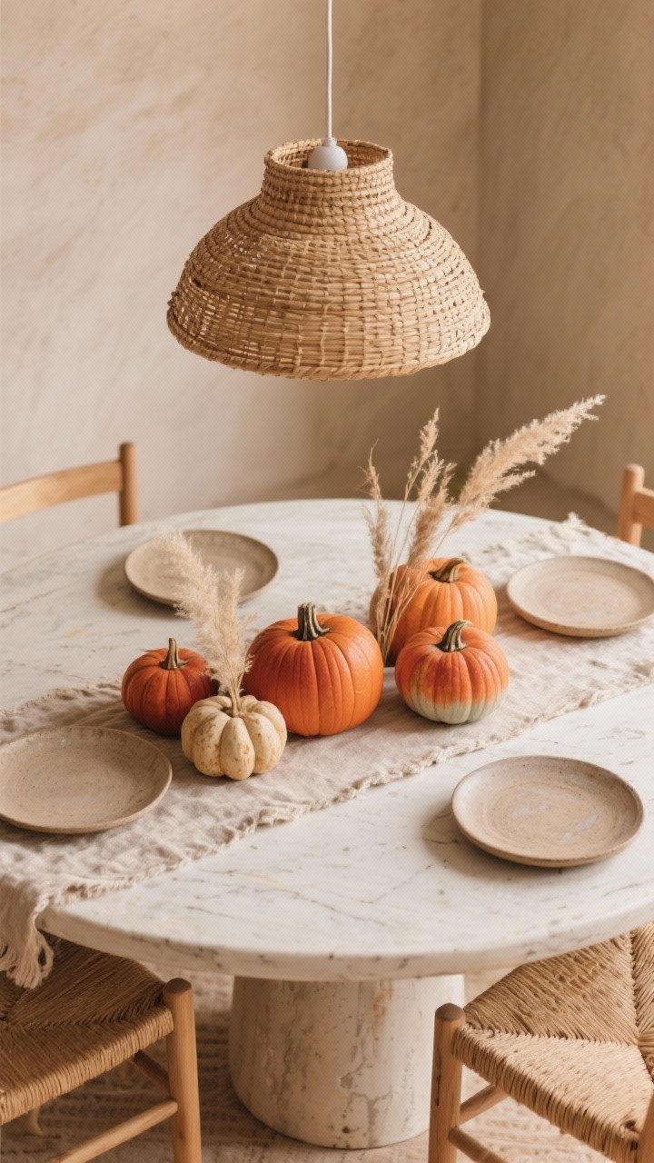 Overhead detail of a dining nook centerpiece: round pedestal table under a woven pendant lamp, four to six painted pumpkins in terracotta ombre—rust, clay, sand, caramel—with a limewash, sun-faded effect. Pampas sprigs tucked between pumpkins on a textured linen runner; hand-thrown stoneware plates in muted neutrals set around; light wood or rattan chairs partially visible. Warm, earthy desert-boho palette; cozy ambient light; photorealistic, no people.
