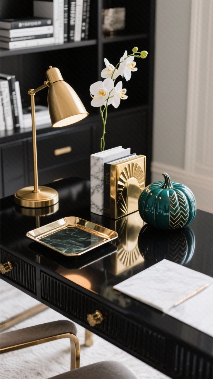 Overhead detail shot of a glam home office desk surface: a black writing desk with fluted drawers edge visible, brass task lamp casting focused warm light, lacquered tray and marble bookend accents with a smoked-glass touch. One deep emerald pumpkin and one inky teal pumpkin featuring precise Art Deco patterns—chevrons, scallops, fan arches—in alternating gold and champagne metallics with razor-sharp masked edges. Include a glimpse of a styled bookcase with black-and-white spines and a single glossy orchid in the background blur. Boutique-hotel vibe, photorealistic.