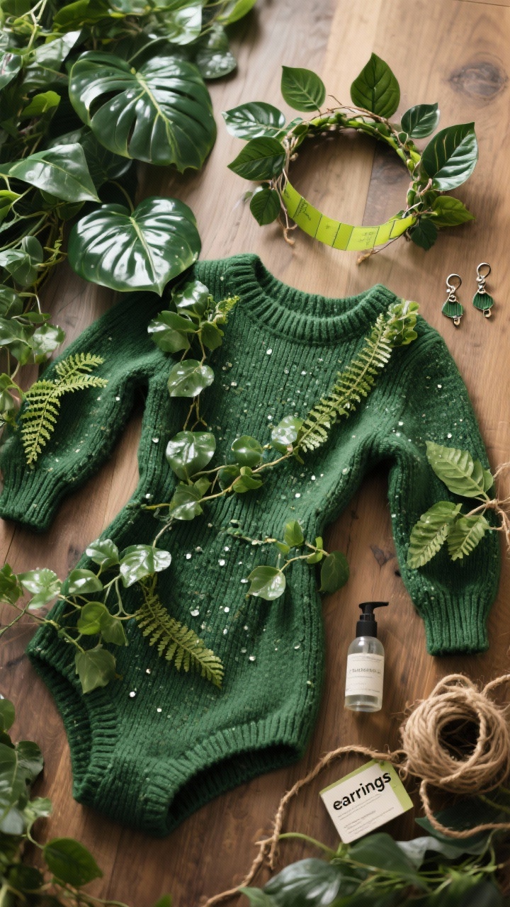 Photorealistic closeup detail shot, overhead perspective: a moss-green knit jumpsuit laid flat on a wooden surface with clusters of glossy faux ivy, philodendron leaves, and ferns attached along the neckline, shoulders, and cuffs; vines drape naturally down the sleeves; a leafy crown headband wrapped in floral tape with wired mini monstera leaves sits to the side along with jute twine accents; plant-care labels converted into quirky “earrings” and a small misting bottle as a prop; dewy, fresh mood with soft natural daylight highlighting varied greens, chartreuse pops, and deep forest tones; emphasis on textures of soft knit, shiny leaves, and rough twine