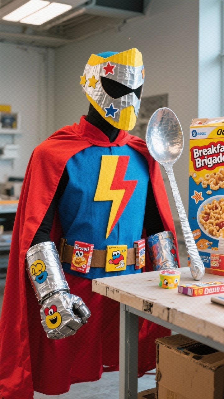 Photorealistic closeup detail shot, three-quarter angle: a bright primary-colored cape spread over a table edge with flattened mini cereal boxes attached like armor across a chest panel and belt; a bold felt emblem—lightning bolt in cereal-inspired colors—centered on the cape; cardboard tube gauntlets wrapped in metallic duct tape trimmed with cut-out cereal mascots; a visor cut from a cereal box decorated with star stickers and a “Breakfast Brigade” badge; a giant spoon prop spray-painted silver leaning against the setup; saturated lighting to punch up primary brights (red, blue, yellow) with vivid cereal art pops; materials include recycled boxes, duct tape, elastic, and hot glue visible in the workspace