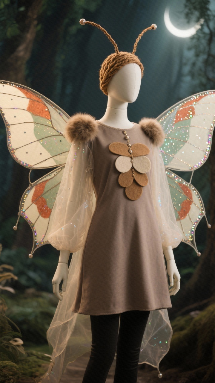 Photorealistic medium shot, slight upward angle: a taupe/mushroom-colored tunic and leggings on a mannequin with translucent organza moth wings extended on lightweight wire frames, painted with symmetrical cream, rust, and sage markings and dotted edge details; subtle iridescent sequins catching a moonlit glow; faux fur epaulettes on the shoulders and a delicate “thorax” panel of layered felt ovals at the chest; antennae headband with tan yarn-wrapped wire and tiny bead tips placed atop; warm, diffused ambient lighting with a soft halo, evoking an enchanted forest mood; color palette of taupe, cream, rust, sage, and soft black accents