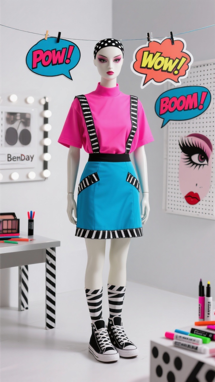 Photorealistic medium shot, straight-on: a mannequin dressed in solid neon separates—a hot pink top paired with a cobalt skirt—outlined along every edge with crisp black fabric tape to mimic comic ink lines, highlighting lapels, pockets, hems; foam-core speech bubbles reading “Pow!”, “Wow!”, and “Boom!” mounted via thin wire from a headband and shoulder; dotted Ben-Day pattern makeup elements represented on an adjacent makeup board (white dot grid, dramatic black eyeliner, red lip reference); high-top sneakers below with taped-on comic-style black-and-white stripes; bright, even studio lighting with stark contrast to emphasize neon brights, crisp black outlines, and white highlights; materials like fabric tape, markers, and face paint on a side table