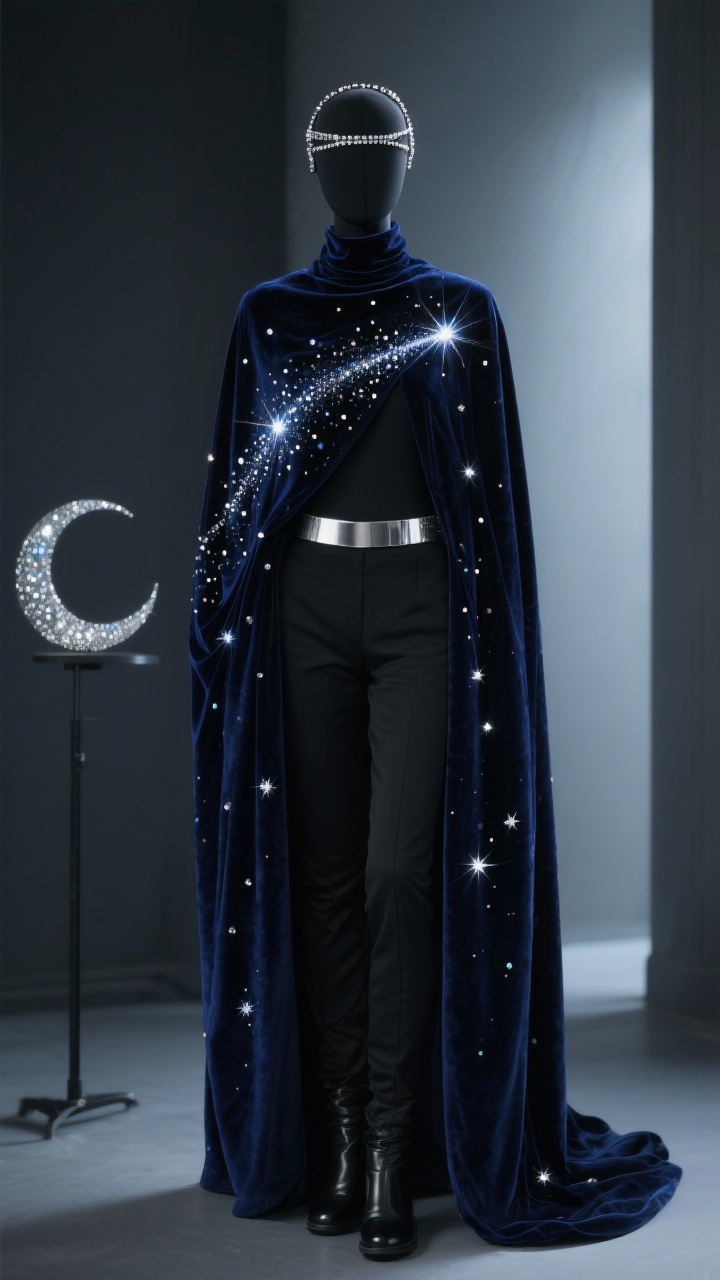 Photorealistic medium shot, straight-on view: a deep midnight-blue velvet cloak draped over a black mannequin in a dim room, the cloak sprinkled with adhesive rhinestones and tiny sequins forming Orion over one shoulder, Cassiopeia trailing down the back, and a comet streak near the hem; beneath, a sleek black fitted turtleneck and slim black pants with simple black boots; a metallic silver belt at the waist and a crescent-moon headband wrapped in thin wire and silver beads resting on a nearby stand; color palette of deep navy, black, silver, and icy white; soft, low directional lighting to create starry shimmer, with a subtle dusting of glitter on the mannequin’s collarbone area; texture contrast between plush velvet/velour and sparkling embellishments