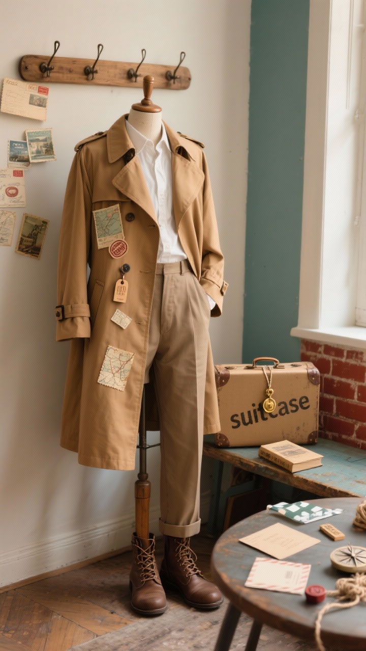 Photorealistic wide shot, corner angle: a camel-colored trench coat displayed on a dress form by a vintage wooden coat rack, with faux vintage postcards, rubber-stamped luggage tags, and tiny tea-stained map cutouts clustered along the lapels and down one sleeve like travel badges; a crisp white shirt and high-waisted trousers visible beneath, lace-up boots on the floor; a small cardboard “suitcase” prop stenciled with city names sits on a bench beside a battered paperback and a brass compass pendant on twine; materials like cardstock, washi tape, twine, and rubber stamps scattered on a nearby table; warm sepia-toned lighting to echo the postcard vibe; color palette of camel, cream, faded teal, and brick red accents