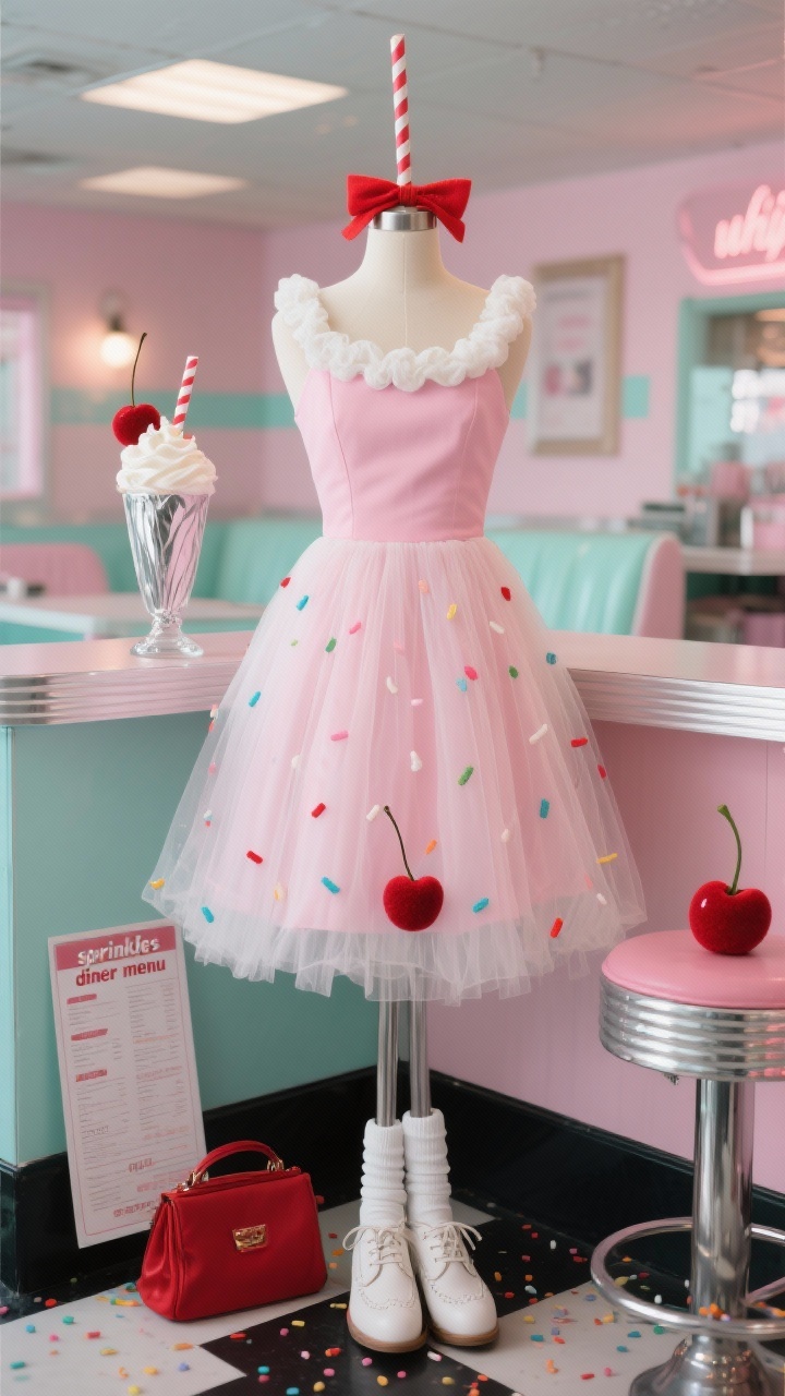 Photorealistic wide shot, straight-on diner-inspired vignette: a pastel pink fit-and-flare dress on a dress form with a fluffy white tulle “whipped cream” collar; a headband topped with a vertically placed striped straw wrapped in red ribbon nestled into tulle “whip”; oversized felt “sprinkles” glued around the skirt hem; a silver paper-wrapped tumbler styled as a milkshake glass on a counter; white ankle socks and saddle shoes neatly placed below; a cherry-red clutch and an optional laminated “diner menu” purse on a nearby stool; soft nostalgic lighting with mint accents in the set design; color palette of pastel pink, white, mint, with cherry-red accents; textures of soft tulle, glossy faux cherries, and felt sprinkles