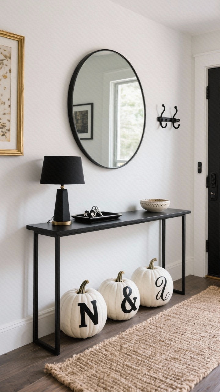 Straight-on medium shot of an artful entryway: slim black console beneath a round statement mirror, textured jute runner on the floor. Three creamy white pumpkins lined along the console, each with a bold matte-black block-letter monogram—one serif, one modern sans, one script—with crisp edges and a subtle satin seal. Include a narrow black lamp, a tray for keys, a ceramic catchall, blackened metal hooks on the wall, and brass-framed art. Polished, graphic, instantly welcoming, photorealistic.