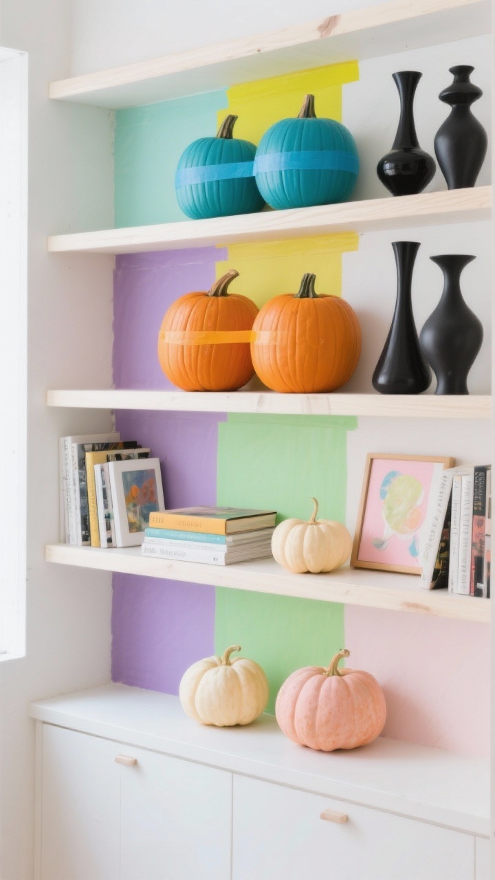 Straight-on medium shot of open studio shelves: white or pale wood shelving filled with color-block painted pumpkins in bold pairs—cobalt and mint, tangerine and lilac, moss and blush—featuring crisp halves, thirds, and diagonal blocks made with painter’s tape. Repeat two to three color pairs across shelves for rhythm; small sugar pumpkins in front, medium behind. Include art books, mini canvases, and sculptural vases; matte black painted stems for a graphic touch. Bright, even daylight; cheerful, modern vibe; photorealistic, no people.