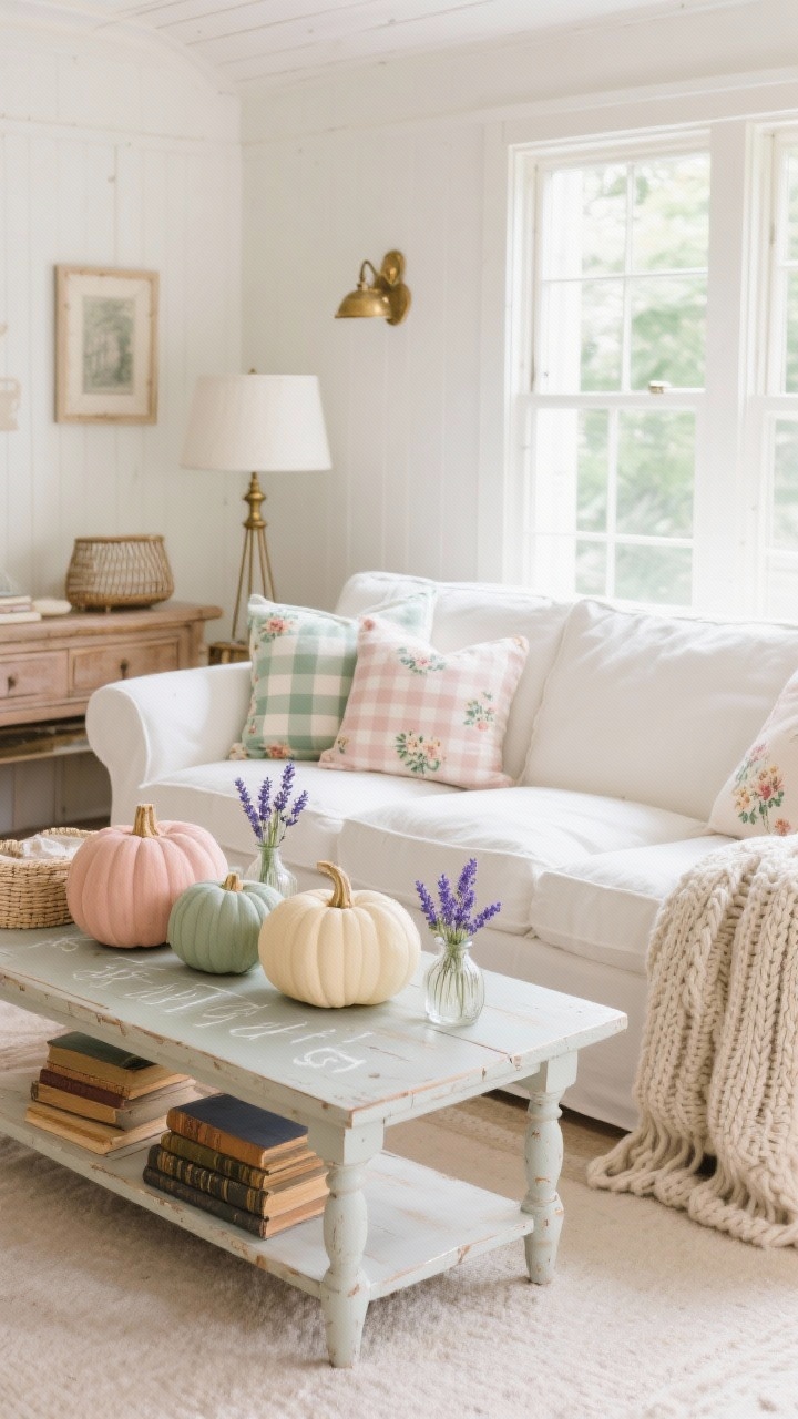 Wide, cozy cottage living room: slipcovered white/cream sofa with gingham and floral pillows, spindle-leg light wood coffee table layered with chalk-painted pumpkins in dusty blush, sage, buttercream, and pale cornflower, all with a matte, velvety finish. Add a chunky knit throw basket beside the sofa, vintage books stacked on the table, and small bud vases with dried lavender. Creams, warm whites, pastels, and antique brass accents; soft natural daylight for a relaxed, romantic, nap-worthy feel; photorealistic, no people.