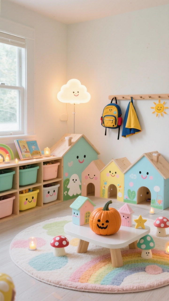 Wide, kid-friendly playroom scene: low shelving with rainbow bins, washable rug defining a reading nook, and a glowing cloud-shaped lamp in the corner; a peg rail holding tiny backpacks and capes. On a low table, a mini pumpkin village in pastel candy shades (mint, peach, lemon, sky) painted with whimsical storybook faces and scenes—smiling suns, friendly ghosts, polka-dot mushrooms, tiny stars—with big sweet expressions, rosy cheeks, twinkly eyes. Add wooden houses and battery tea lights interspersed. Bright, happy, soft-touch finish look, photorealistic, no people.