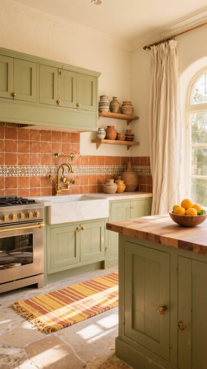 Wide kitchen, Sunlit Mediterranean Warmth: mellow olive shaker cabinets, warm terracotta zellige tile backsplash climbing to the ceiling, creamy walls, natural oak open shelving with vintage pottery in earthy tones casually stacked, brass hardware with soft patina, butcher-block island, linen café curtains, striped Turkish runner in saffron and clay along the floor, a bowl of bright citrus on the island; abundant golden daylight; textures of hand-glazed tile and natural stone visible; photorealistic, no people.