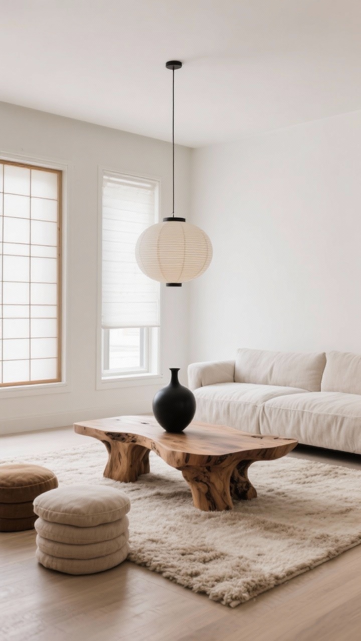 Wide living area, Japandi Quiet Luxury: soft bone-white walls and matching trim for a gallery feel, low-profile linen-wrapped sofa, sculptural organic natural oak coffee table that looks hand-carved, nubby oatmeal wool rug, shoji-inspired window treatments filtering gentle daylight, a single ink-black vase on the table, paper lantern pendant overhead, floor cushion stack in natural hues for flexible seating; restrained palette with rich textures; tranquil, spa-like ambiance; photorealistic, no people.