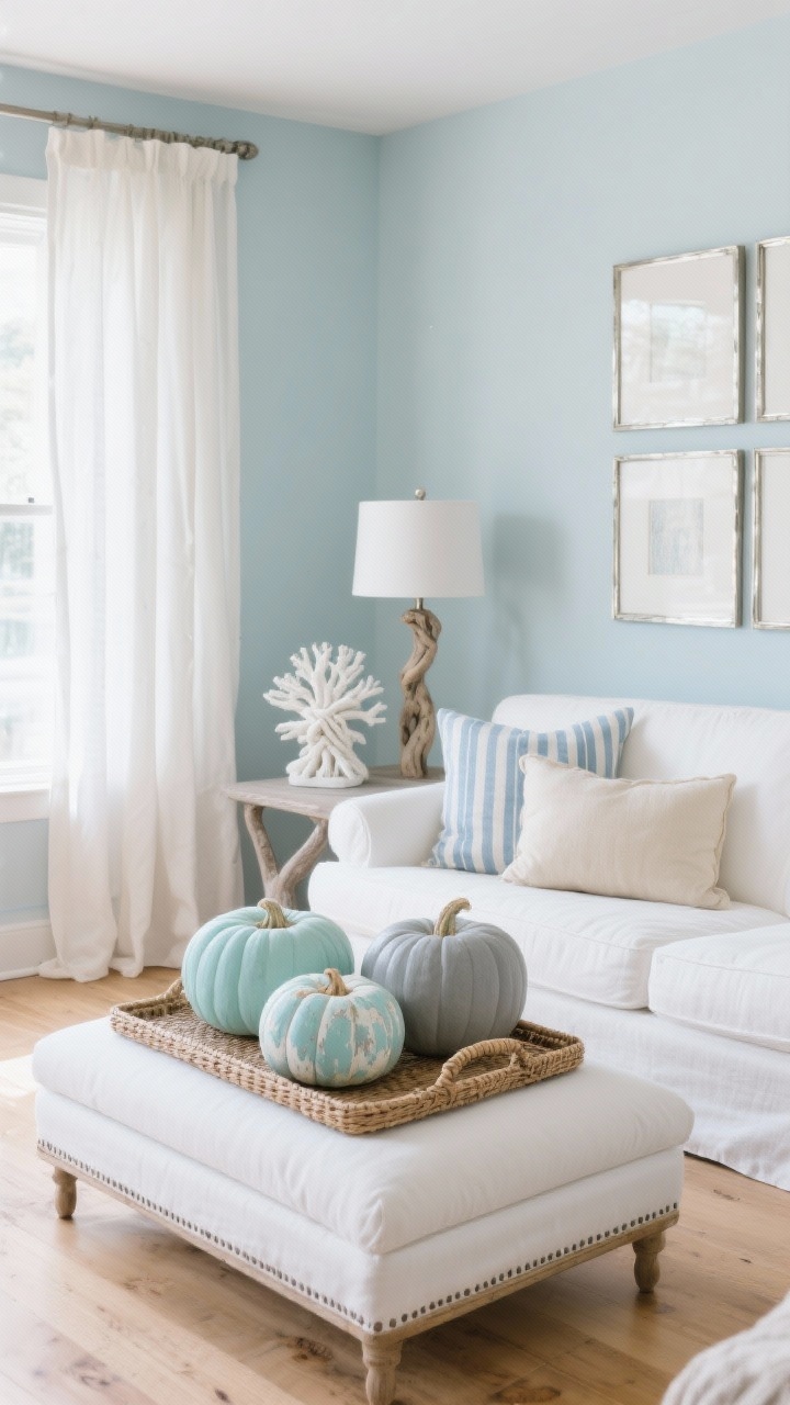 Wide shot, Coastal Calm Living Area in Soft Blues + Sand: light oak floors, slipcovered white/cream sofa, breezy linen drapes moving with daylight. On an ottoman, a rattan tray styled with three paint pumpkins in sea-glass tones—pale aqua, muted sky, misty gray—finished with white dry-brushed texture to look weathered like beach stones; a white coral sculpture and a knotted pillow accompany them. Minimal metallics: brushed nickel frames on the wall and a driftwood lamp on a side table. Pillow palette on sofa: cream, faded blue ticking stripe, and sand-toned lumbar. Soft, relaxed coastal mood with satin/chalk finishes, no gloss; no people.