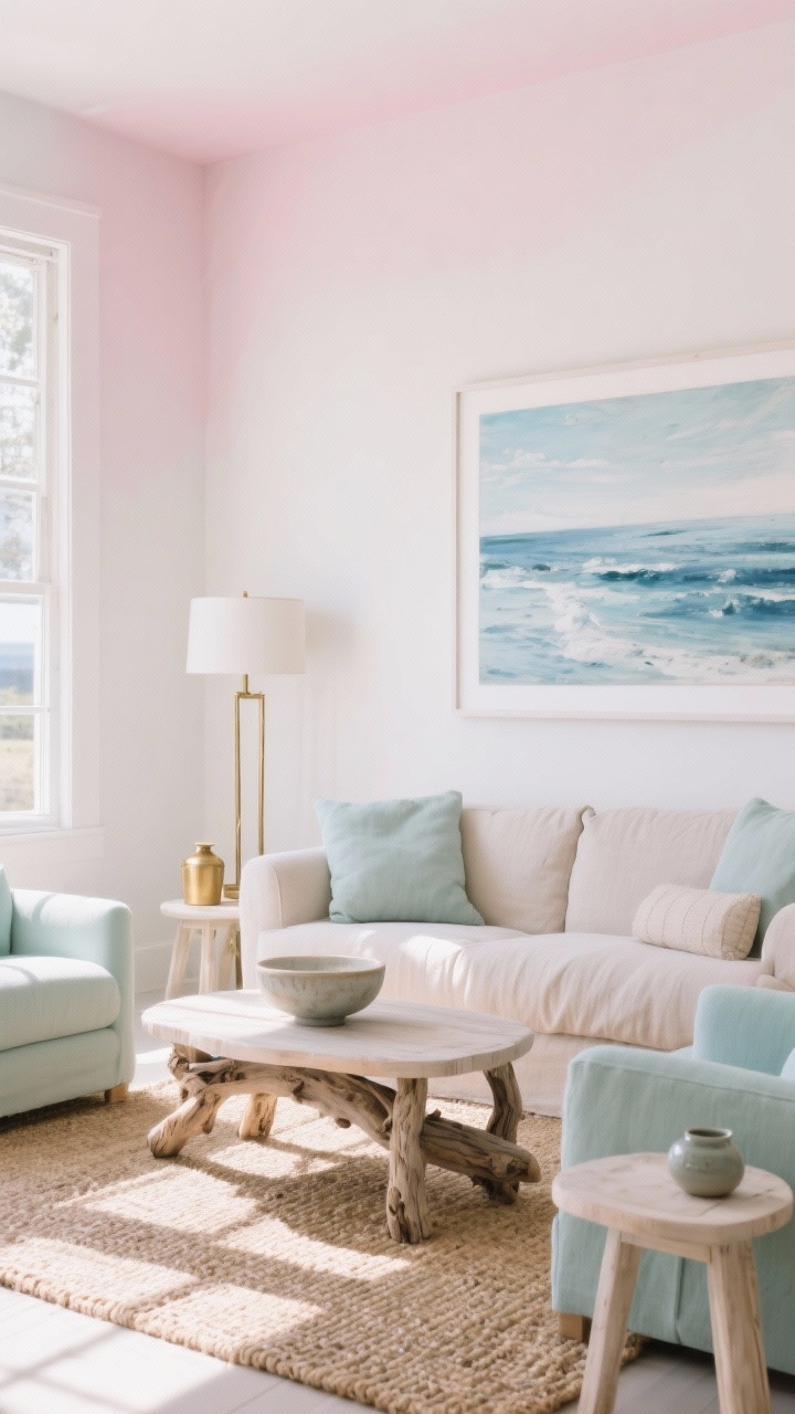 Wide shot, Serene Coastal Calm living room: soft shell white walls with subtle pink undertone, breezy oatmeal linen slipcovered sofa, muted seafoam accent chairs, textured woven jute rug, driftwood coffee table, bleached wood side tables, minimal warm brass accents like a slender floor lamp and bowl, coastal ceramics with matte glazes, oversized coastal artwork in watery blues with white matting above the sofa; palette flows from sand to seafoam to saltwater blue; late-day sunshine streaming in for warm natural light; photorealistic, no people.