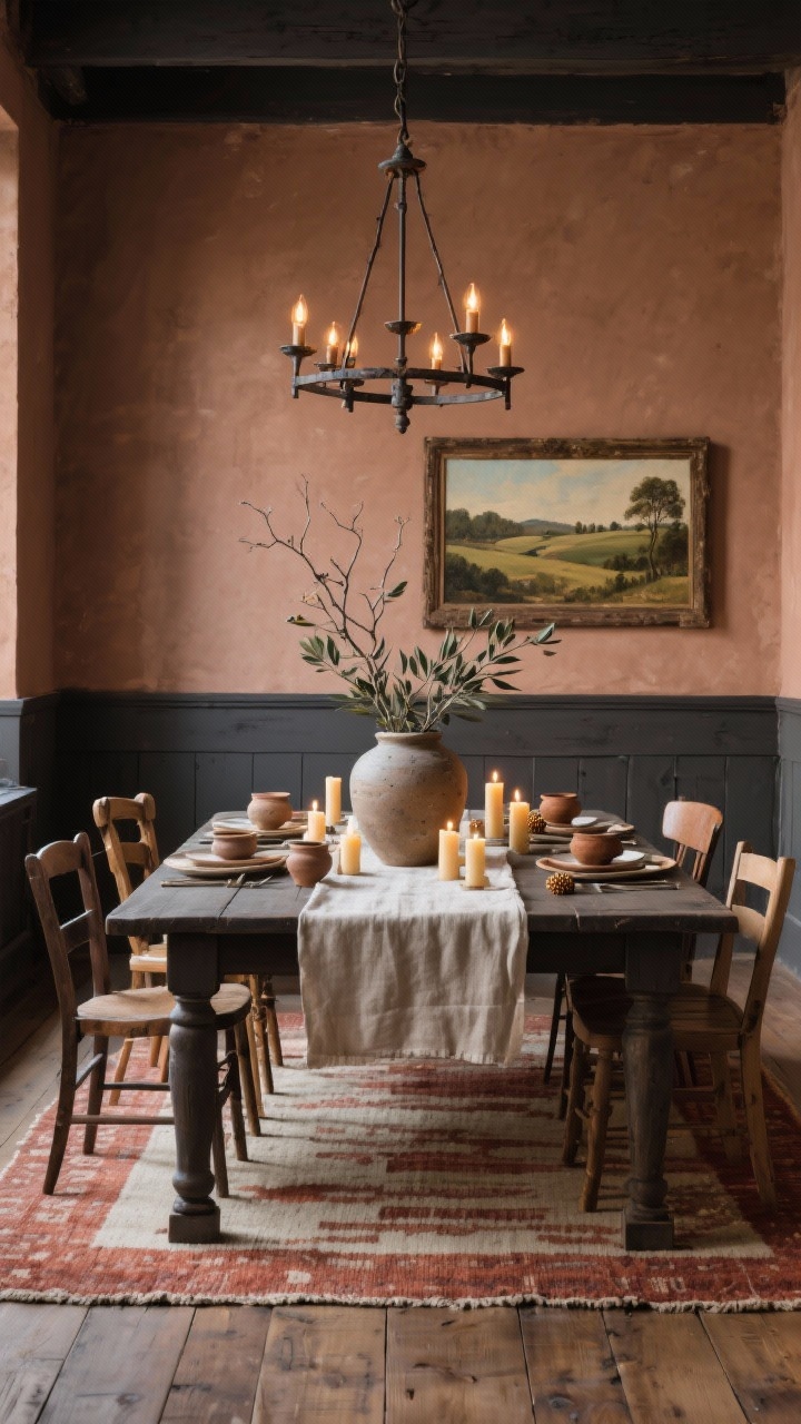 Wide straight-on view — Clay-and-charcoal dining room with rustic edge: walls in muted clay, matte charcoal farmhouse table centered and grounded, mix-and-match wooden chairs around it, linen runner across the table, handmade pottery place settings, beeswax tapers lit for warm glow, oversized stoneware vase centerpiece with olive stems or bare branches, forged-iron chandelier with warm bulbs overhead, wide-plank oak floors with a flatweave rug in rust and cream, a single large pastoral landscape in an antique frame on the wall; earthy yet dramatic mood; photorealistic.