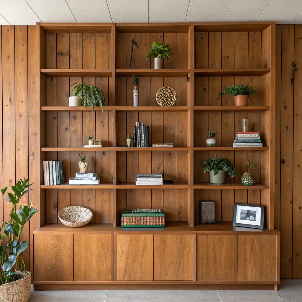 wooden panel wall with shelves