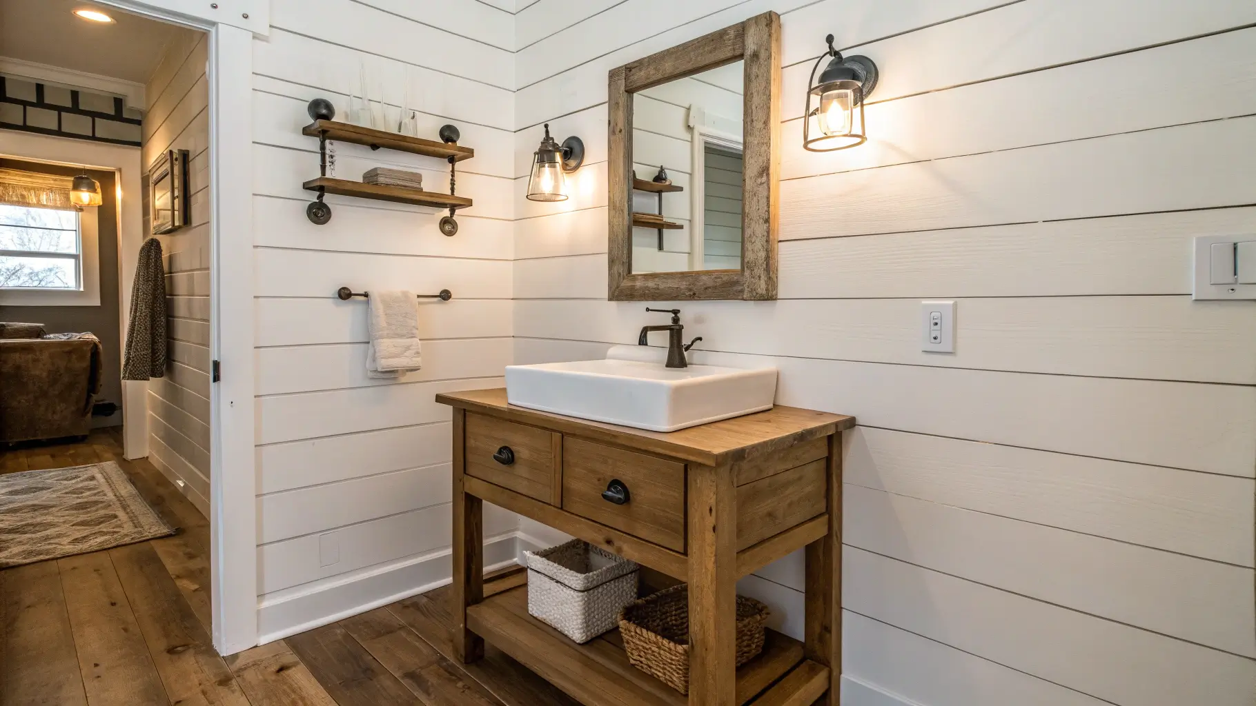 A small farmhouse bathroom with white shiplap and a wooden floating vanity. Farmhouse Bathroom Ideas