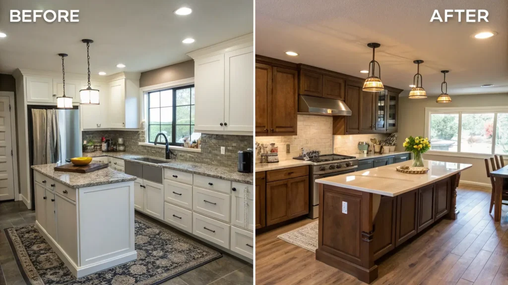 Before and after kitchen layout redesigns showing optimized space and flow for 2025 functionality