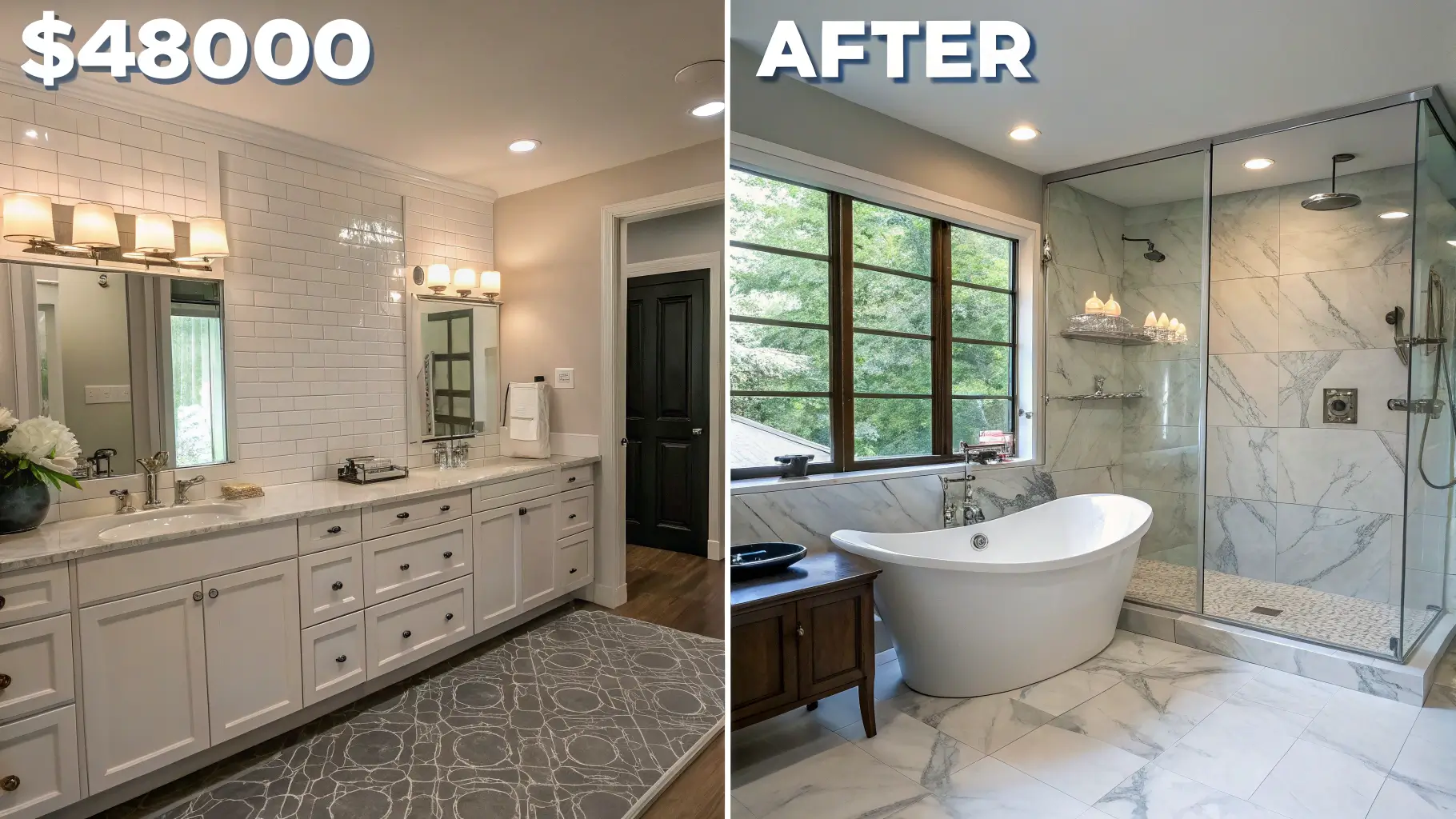Before and after photos of a luxury spa-inspired master bathroom renovation costing $48,000.