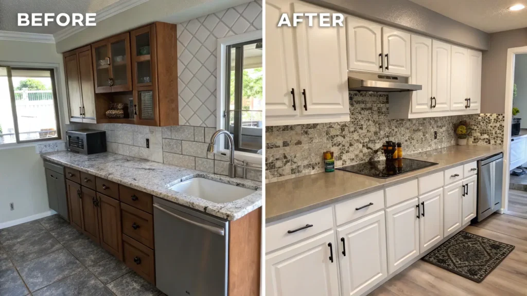 Before and after photos of impressive budget-friendly kitchen countertop and backsplash transformations with estimated costs.